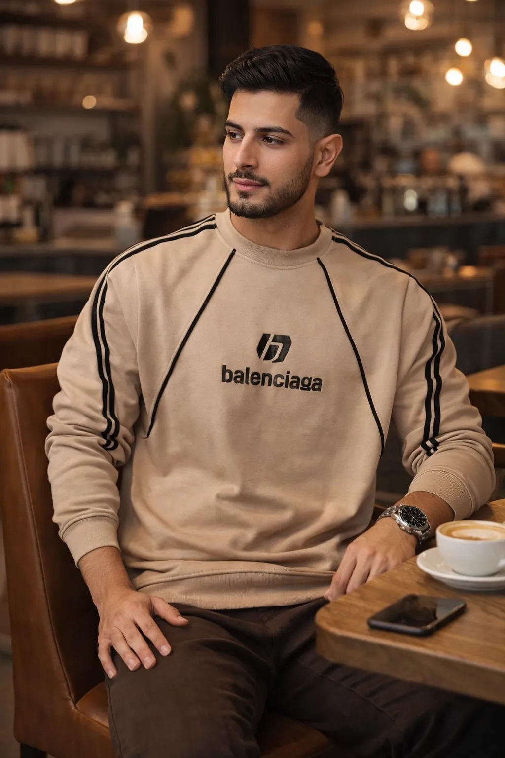 دورس مردانه Balenciaga پارچه ۳ نخ خارخورده ترک | قواره باکسی اسپرت رنگ کرم | بوتیک راشن