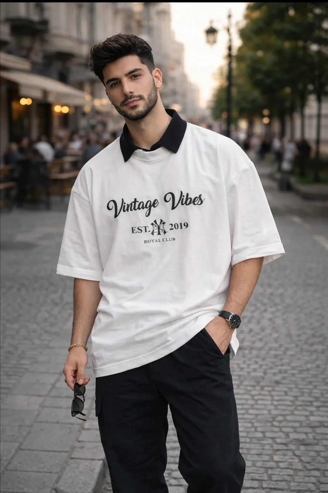 تیشرت یقه‌دار باکسی مردانه Vintage Vibes پارچه 2 نخ ترک | استایل خیابانی ترند | بوتیک راشن
